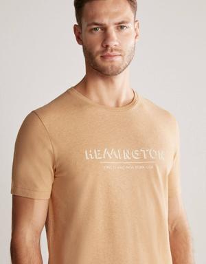 Baskılı Keten Pamuk Karışımlı Camel T-Shirt