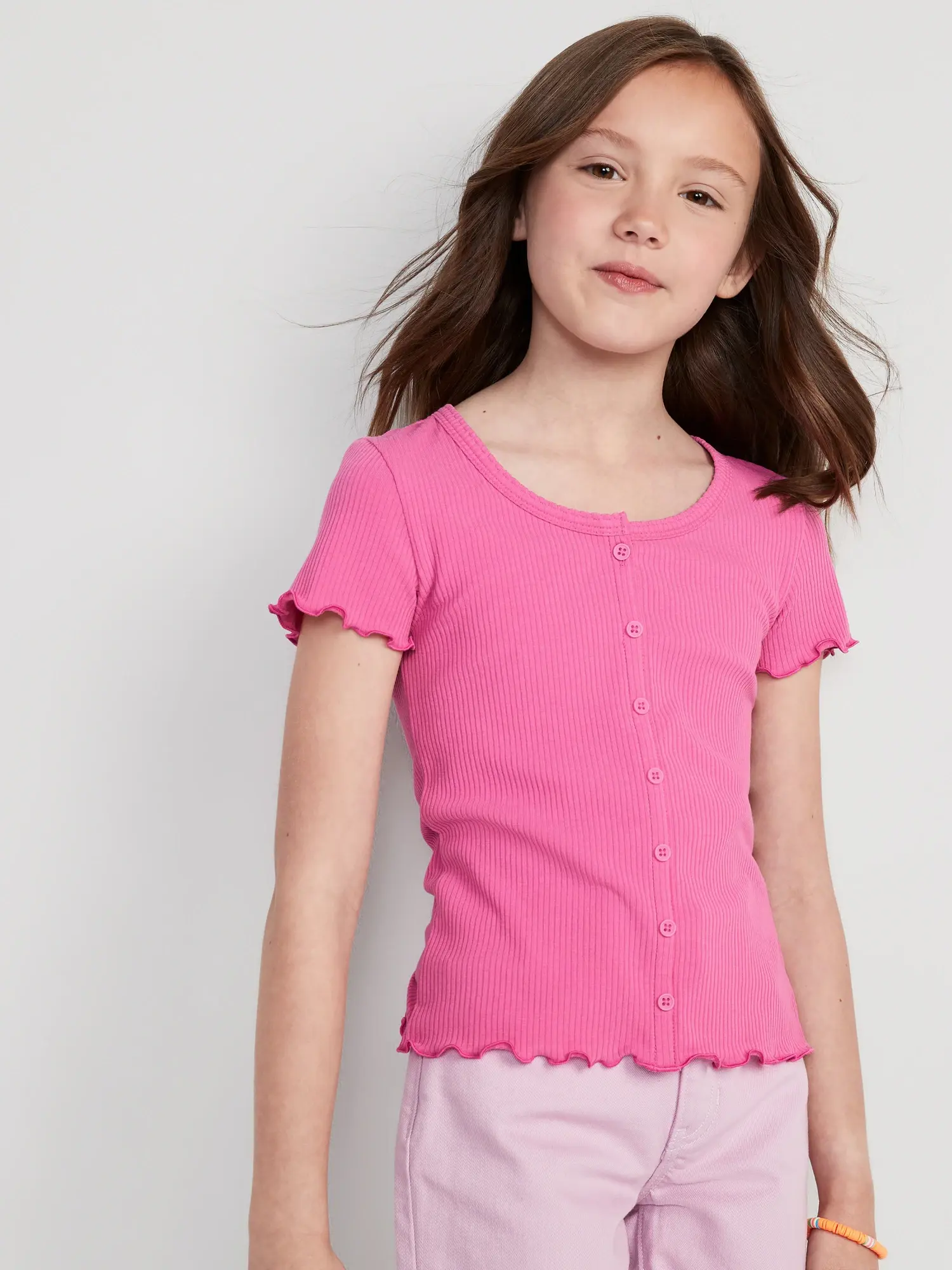 Old Navy Rib-Knit Button-Front Lettuce-Edge Top for Girls pink. 1