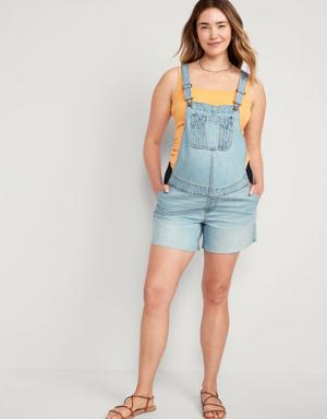 Maternity Side-Panel Slouchy Non-Stretch Jean Cut-Off Shortalls -- 5-inch inseam blue