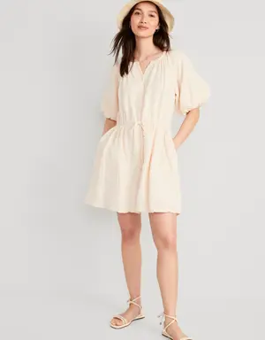 Old Navy Waist-Defined Puff-Sleeve Mini Poet Dress for Women beige