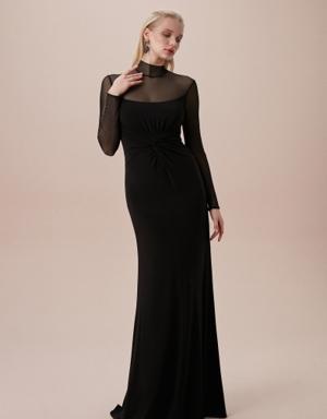 Siyah Uzun Kollu Tül Detaylı Uzun Krep Elbise