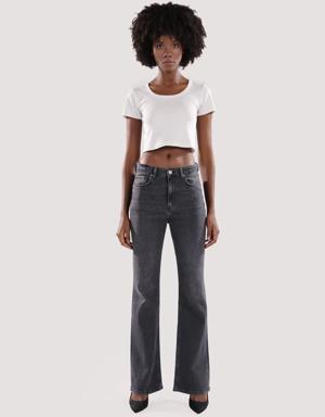971 Mony Regular Fit Normal Bel Genişleyen Paça Siyah Kadın Jean Pantolon