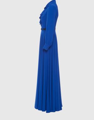 Belt Detailed Navy Blue Long Dress