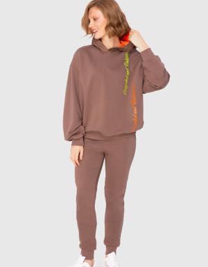 Neon Print Detailed Hooded Two-Thread Beige Sweatshirt