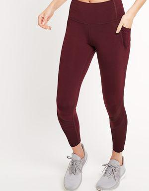 High-Waisted PowerPress Side-Pocket Mesh-Trim 7/8-Length Compression Leggings for Women red