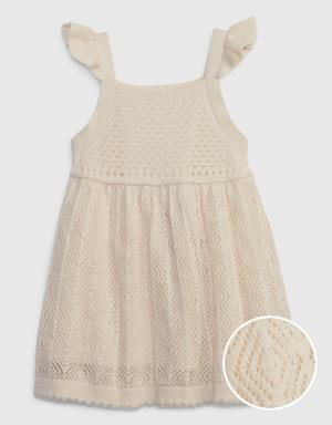 Baby Crochet Flutter Sleeve Dress beige