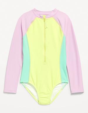 Color-Block Zip-Front Rashguard One-Piece Swimsuit for Girls yellow