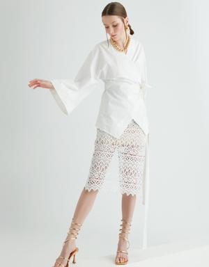 Transparent Patterned Midi Ecru Skirt