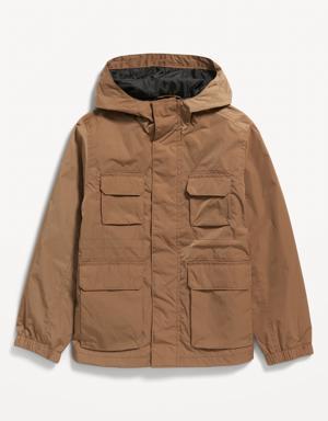 Gender-Neutral Water-Resistant Hooded Zip Utility Jacket for Kids brown