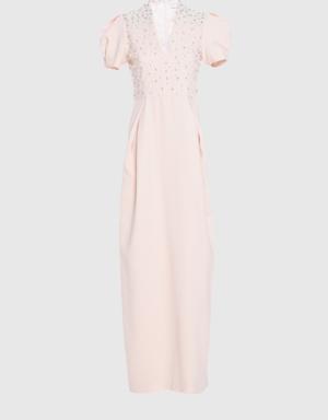 V Neck Stone Pearl Embroidered Long Pink Evening Dress
