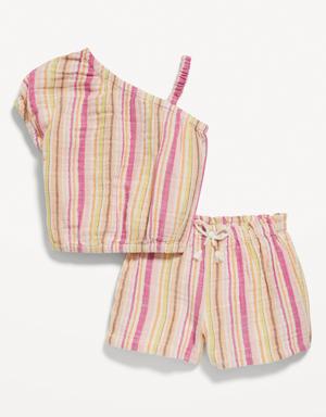 One-Shoulder Top and Pull-On Shorts Set for Toddler Girls pink