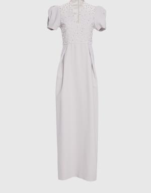 V-Neck Stone Pearl Embroidered Long Gray Evening Dress