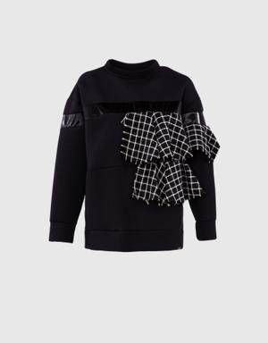 Plaid Tweed Garnish Black Sweatshirt