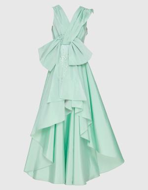 With Bow Tie Detailed Front Short Back Long Mint Evening Dress