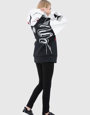 Mixed Pattern Embroidered Hooded Oversized Front Zipper Sweatshirt