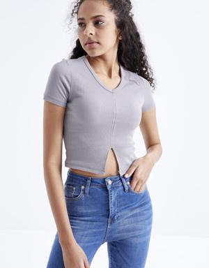 Gri Basic Önü Yırtmaçlı V Yaka Kadın Crop Top T-Shirt - 97206