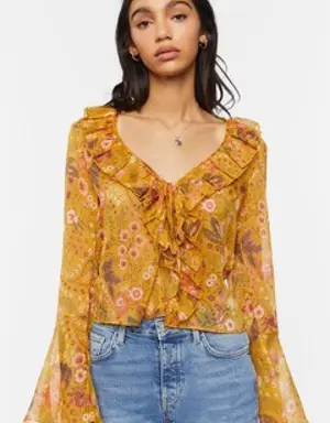 Forever 21 Floral Print Ruffled Flounce Top Gold/Multi