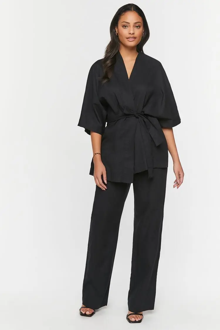 Forever 21 Forever 21 Linen Belted Kimono &amp; Pants Set Black. 1