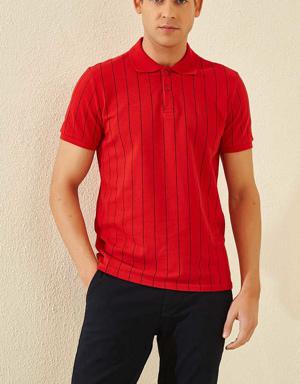 Kırmızı Çizgili Kısa Kol Standart Kalıp Polo Yaka Erkek T-Shirt - 87797
