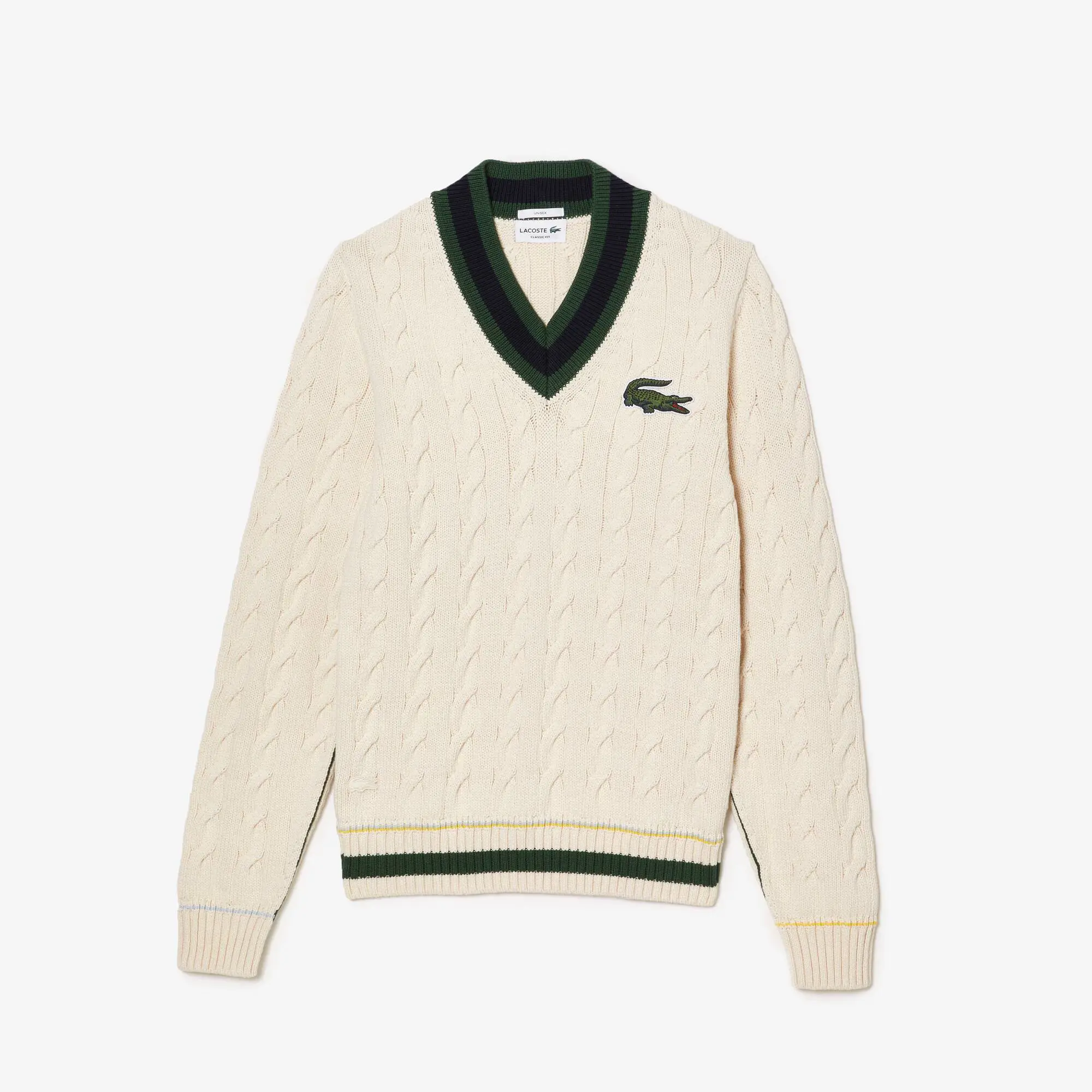 Lacoste Unisex V-Neck Cable Knit Sweater in Organic Cotton. 2
