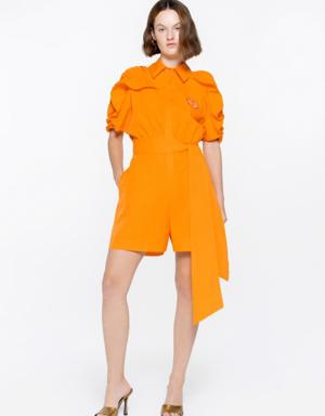 Short Orange Jumpsuit With Shirring Sleeves With Embroidery Applique Detail
