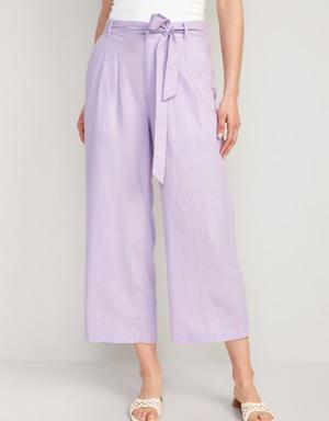 High-Waisted Linen-Blend Cropped Wide-Leg Pants for Women purple