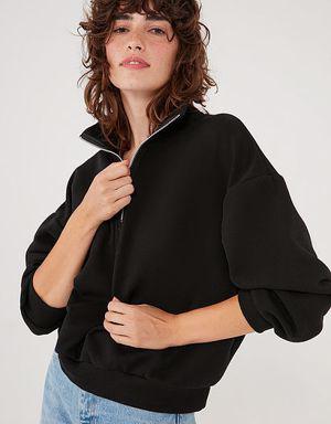 Yarı Fermuarlı Siyah Sweatshirt
