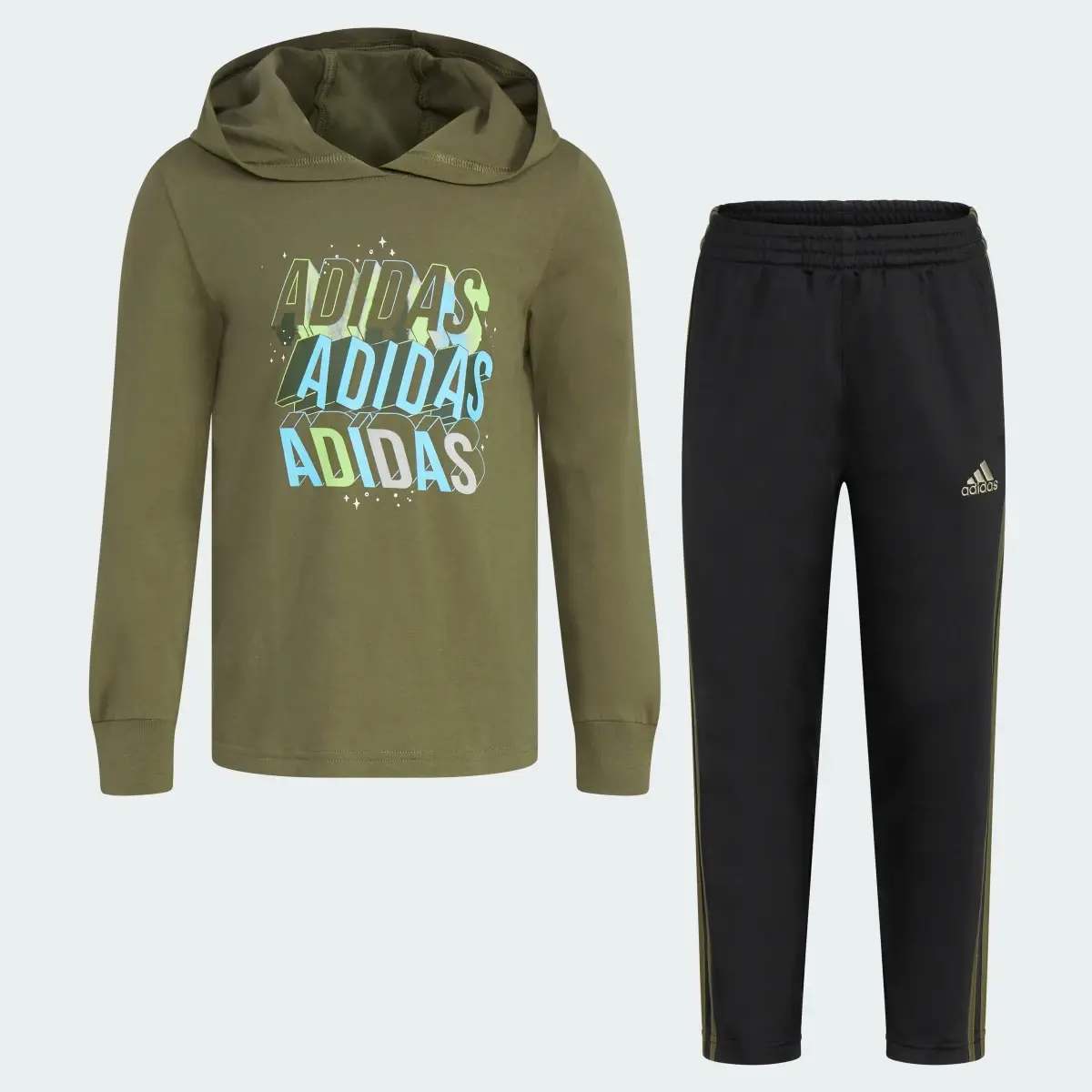 Adidas Two-Piece Long Sleeve Graphic Hooded Tee and Pant Set. 3