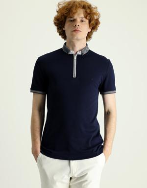 Polo Yaka Slim Fit Fermuarlı Nakışlı Tişört