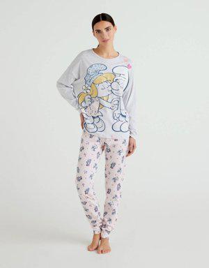 Kadın Pembe Şirinler Desenli Pijama Altı