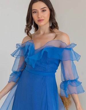 Deniz Butik Organze Tül Yırtmaçlı Abiye - İNDİGO. 3 Deniz Butik Organze Tül Yırtmaçlı Abiye - İNDİGO. 3