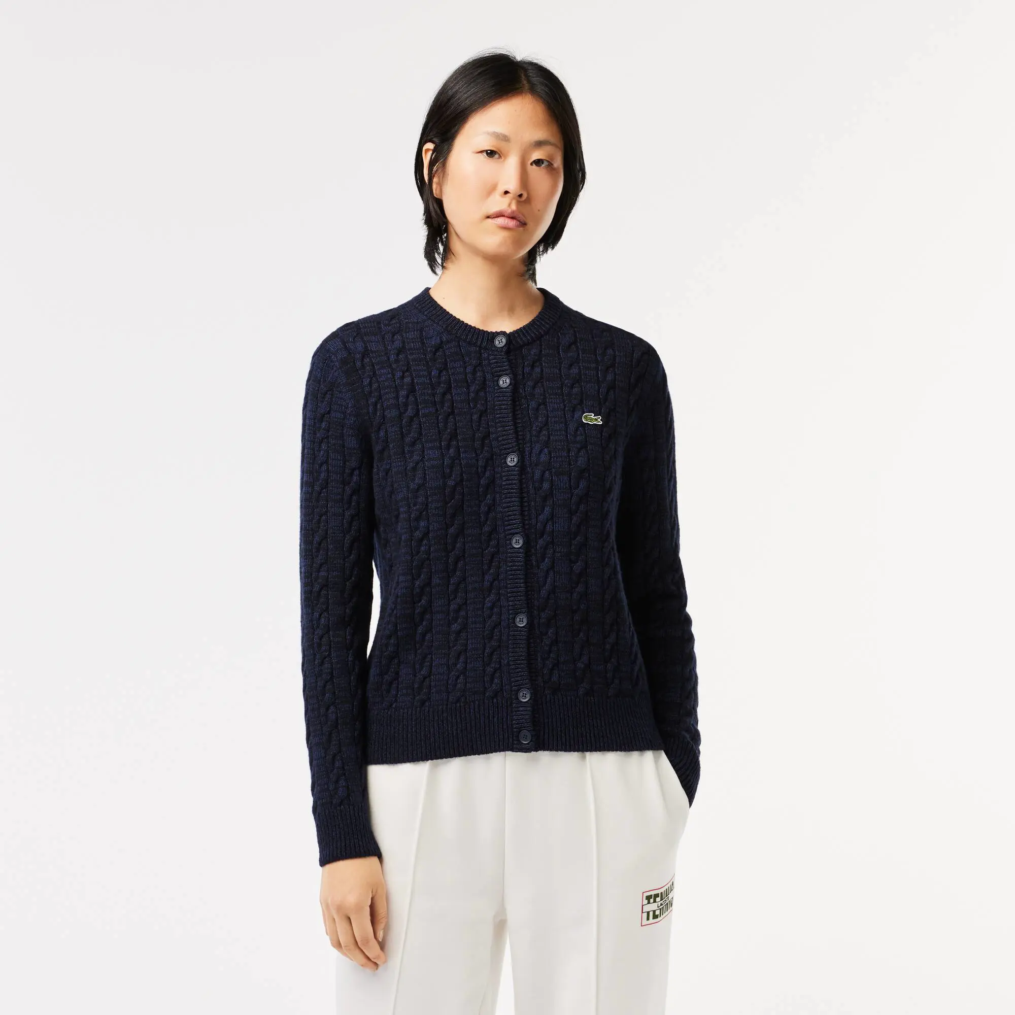 Lacoste Women's Wool Blend Cable Knit Cardigan. 1