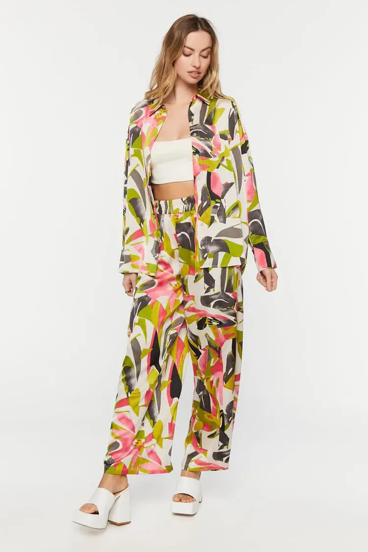 Forever 21 Forever 21 Abstract Floral Wide Leg Pants Green Apple/Multi. 1