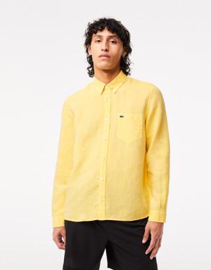 Erkek Regular Fit Düğmeli Yaka Keten Sarı Gömlek