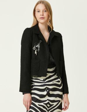 Siyah Broş Detaylı Tweed Ceket