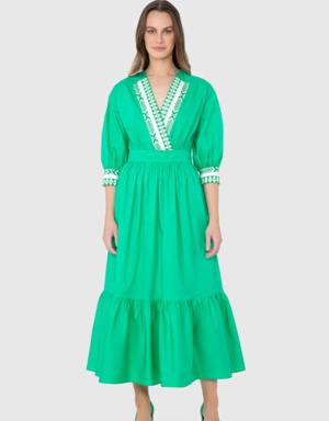 Embroidered Three Quarter Sleeve Green Long Dress