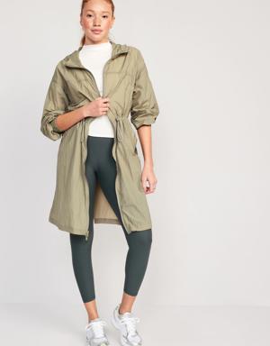 Hooded Tunic-Length Lightweight Parka Jacket for Women green