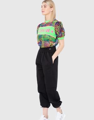 Color Jacquard Print Detailed Puff Sleeve T-Shirt
