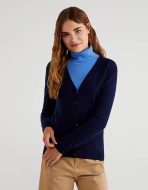 Dark blue V-neck cardigan in pure Merino wool