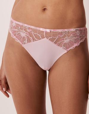 Microfiber and Lace Detail Thong Panty