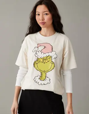 American Eagle Oversized Holiday Grinch Graphic Tee. 1