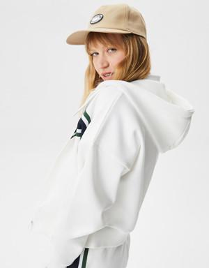 Kadın Slim Fit Kapüşonlu Renk Bloklu Beyaz Sweatshirt