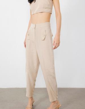 Button Detailed Beige Trousers