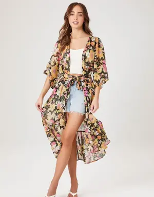 Forever 21 Sheer Floral Print Kimono Black/Multi