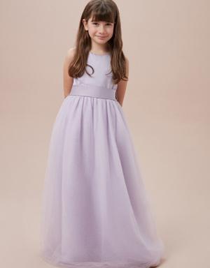 Lila Kayık Yaka Uzun Çocuk Elbisesi