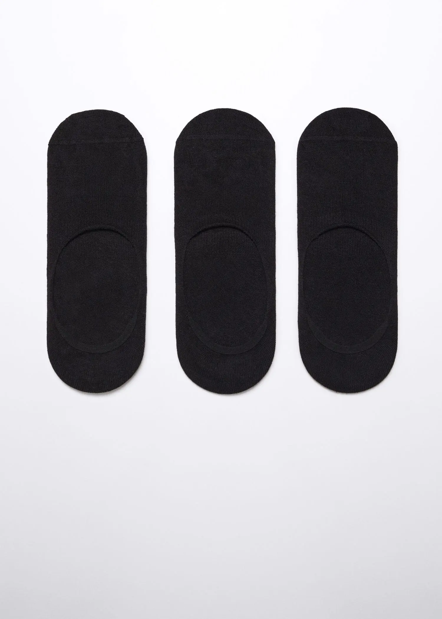 Mango 3-pack of invisible socks. three pairs of black socks on top of a white surface. 