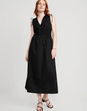 Fit & Flare Sleeveless Tie-Shoulder Smocked Maxi Dress for Women black