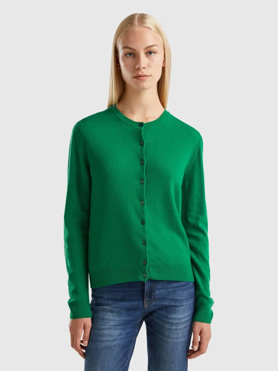 Benetton forest green crew neck cardigan in pure merino wool. 1