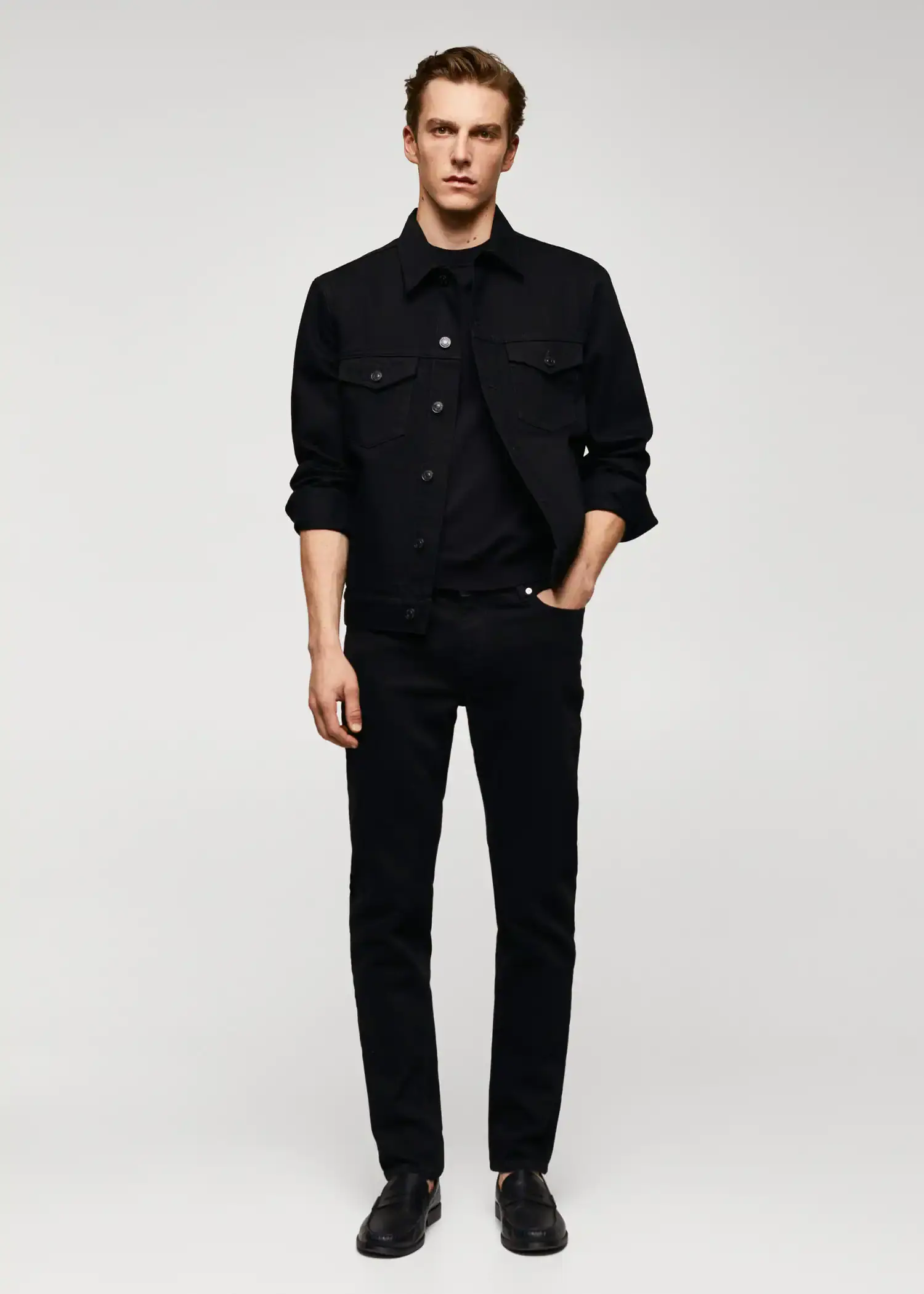 Mango Jan slim-fit jeans. a man wearing a black shirt and black jacket. 