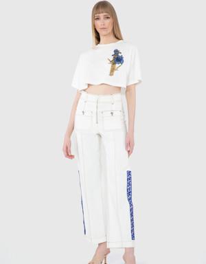 Embroidery Detailed Straight Leg White Trousers